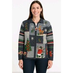Vtg Christmas Cardigan Festive Knit Sweater Sz L Embroider Patchwork Cottagecore